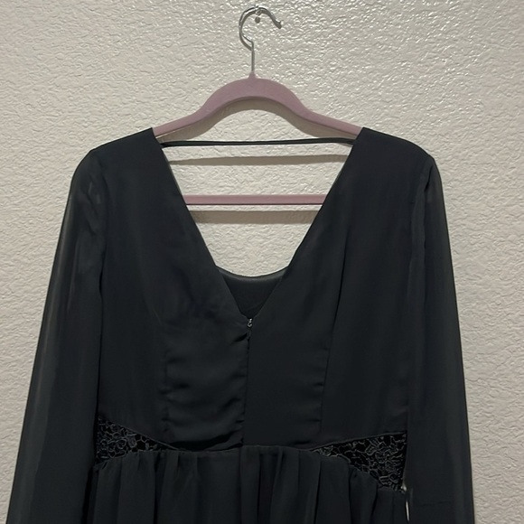 Doe & Rae Black Lace Trim Long Sleeve Mini Dress Size L Sheer Overlay - Picture 11 of 11